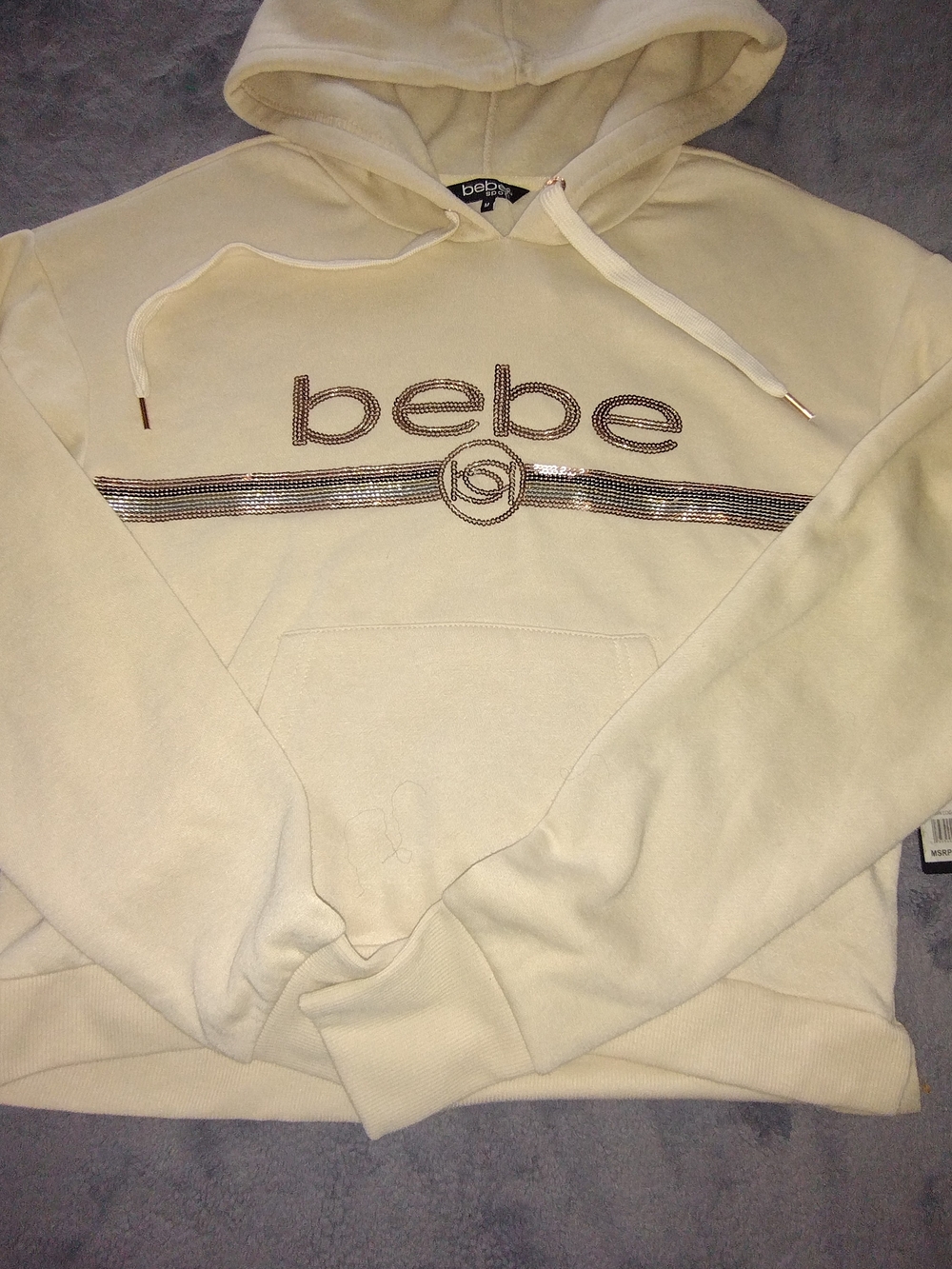 NWT BEBE Women's Medium  Cream Logo Rhinestone Crewneck Hoodie